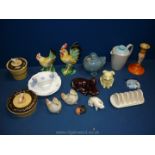 A quantity of china including animal figurines, chicken salt and pepper pots, duck pate pots,