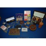 A quantity of miscellanea including a pair of opera glasses, leather tape measure, inkwell,