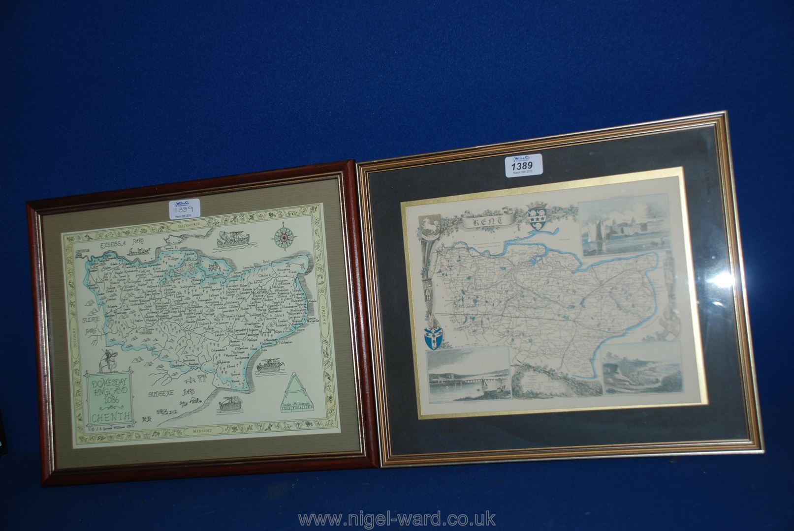 Two framed reproduction Maps of Kent, one with vignettes of Dover, Rochester & Greenwich Hospital,