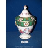 A Dresden lidded pot with floral and butterfly design, lid a/f.