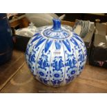 A large modern blue and white Pumpkin Jar, chipped to rim,