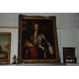 A reproduction gilt gesso framed Portrait of a gentleman in early dress with his dog at this side,
