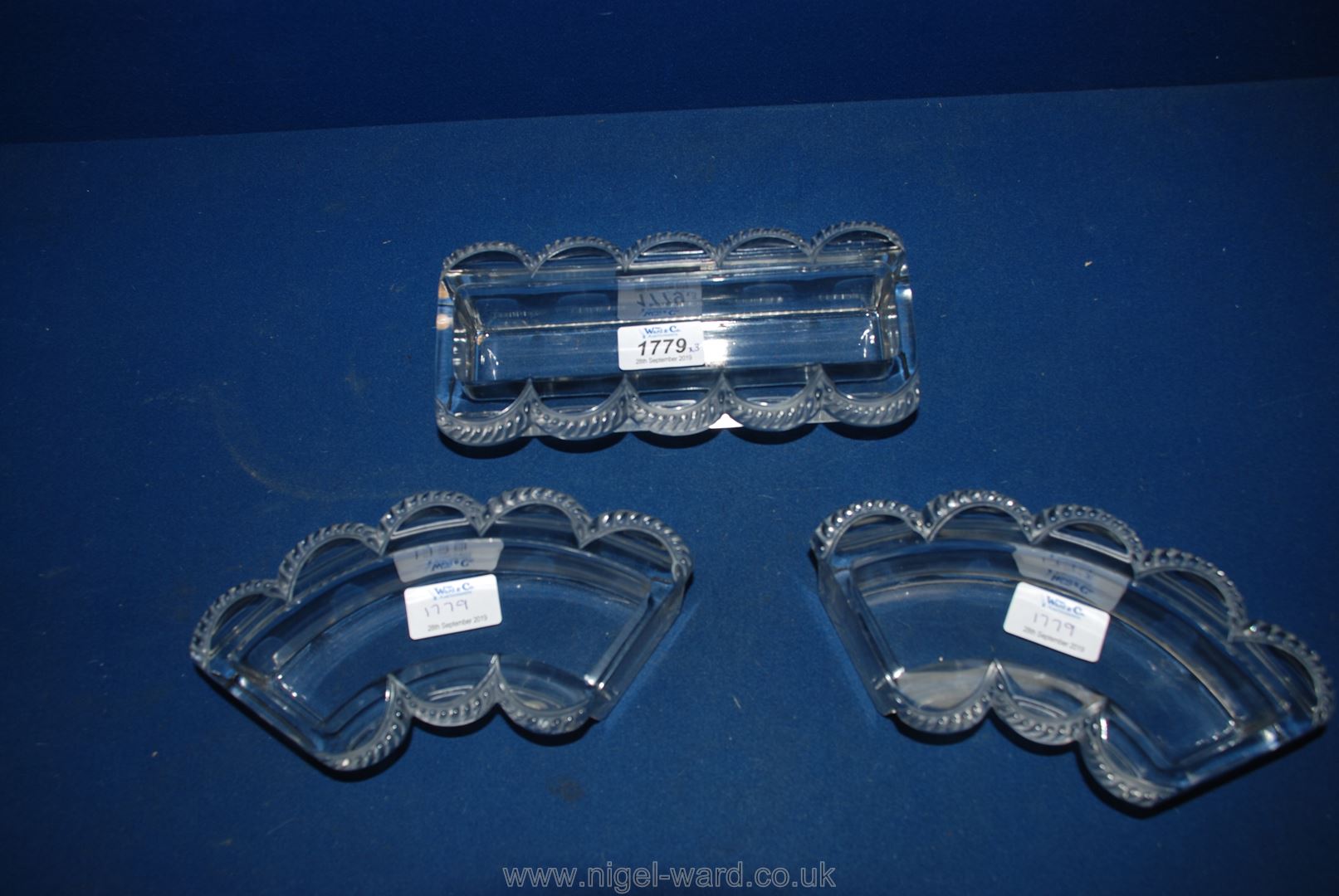 Three pieces of a Lalique table centre, two curved and one straight. 7 3/4" long.