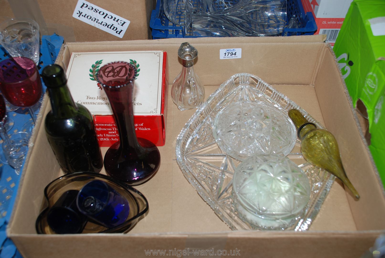 A quantity of glass including Birmingham silver collared claret jug, Merthyr green glass bottle,