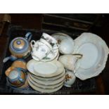 A Japan blue gold milk jug and pot, two cups and saucers, multi set of lustre cups, plates,