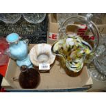 A quantity of glass including flower basket, brown and blue vase, etc.