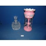 A pink Lustre with droppers and a cut glass barrel shaped Decanter