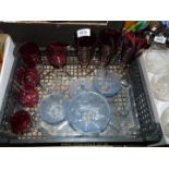 An Art Deco glass dressing table set in blue glass tray including ring stand and three bowls,