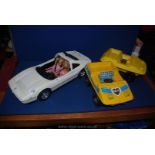 A white Barbie Ferrari car and two dolls, Sindy buggy and buggy, a/f.