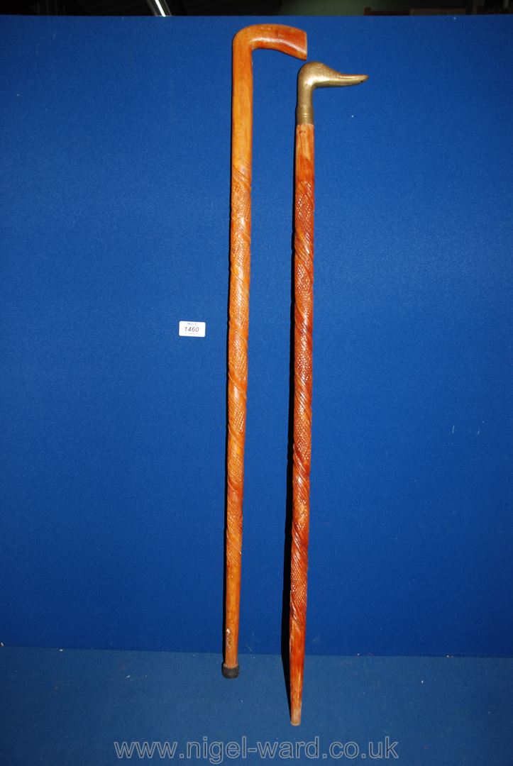 Two walking sticks, one with duck brass handle. - Image 2 of 2