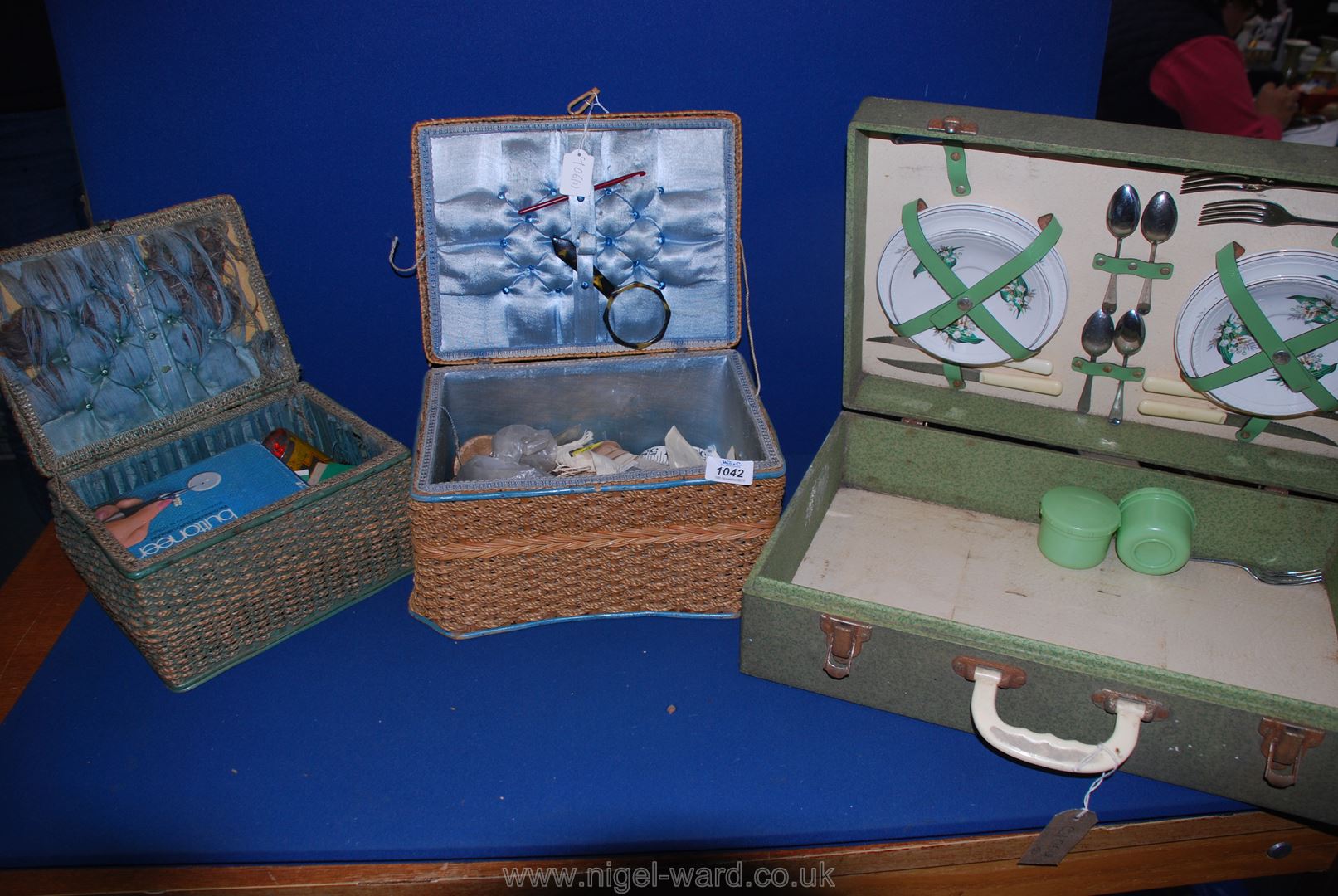 Two sewing Baskets with related contents and a picnic box.