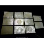 Eleven rectangular antique oriental mother of pearl Gaming Counters beautifully engraved with