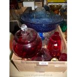 An Empoli red glass candy jar, three antique glass, cobalt blue glass fruit Dish, etc.