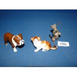 A Beswick Bulldog, Royal Doulton cat and a small Royal Doulton Scottie dog.