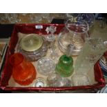 A quantity of glass to include two pretty German candlesticks, vases, biscuit barrel with epns lid,
