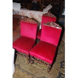 Three deep pink velvet upholstered Oak side Chairs having turned front legs,