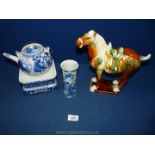 A model of a Chinese war horse in tri-colour, 10" high, blue and white tea pot,