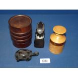 A treen lidded cylindrical Box in heavy exotic hardwood having triple ribbed frieze, 4 5/16'' high,