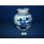 A collectable old oriental blue and white Ginger Jar illustrating an island with shrubs and a