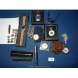 A Parker biro, two cartridge pens, two Heritage Atlas editions, pocket watches, wristwatch,