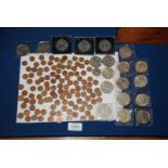 A quantity of mixed coins including Crowns and decimal half pence pieces.