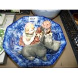 A Losol ware blue bowl, a pair of German girl and boy book ends and a china grey Scottie dog.