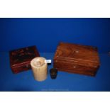 A Mahogany box a/f, a turned wooden canister, another box with cranes decoration,