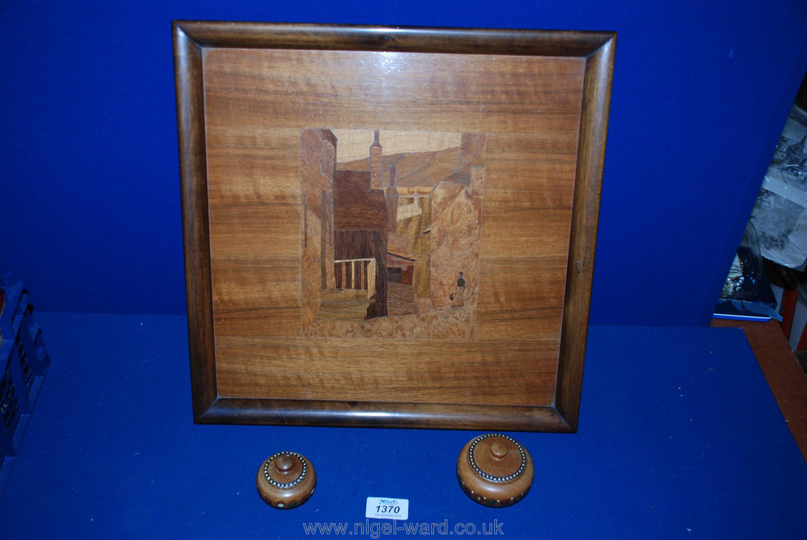 An inlaid wooden Tray and two small painted boxes.