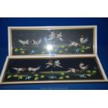 A pair of framed pictures of fighting birds, made from feathers.