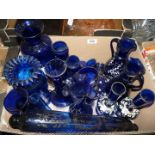 Fourteen Bristol blue items including vases, rolling pin, jugs etc.