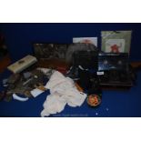 A quantity of miscellanea including Locust in a box, engraving tool, pen nibs, radio valves,