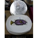 Six English Ironstone 'Aquarius' fish Plates and six white metal table mats.