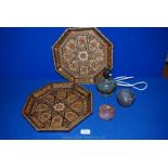 Two decorative wood trays, small octagonal marble lamp, Cornish serpentine dish and marble pot.