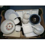 A box of Oriental tableware, square plates, Chinese bowls, spoons etc.