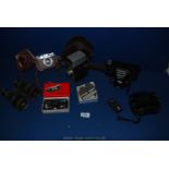 Miscellaneous cameras including cased Halina 35X, Sundial cine camera, pair of binoculars,