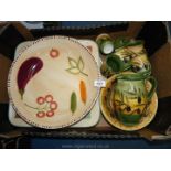 A box of Mediterranean pottery, olive bowls, cups, trays etc.