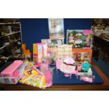 A quantity of boxed Sindy items including cafe, outdoor patio set, bedroom set, etc.