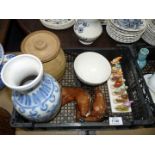 A white bowl with purple floral pattern, blue and white vase,