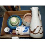 A Bretby bowl, large heavy jug, tea canister, small Beswick jam dish and pottery jug etc.