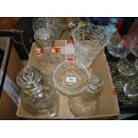 A quantity of cut glass including three decanters, vase, sugar shaker and stemmed dish.