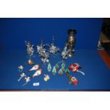 A quantity of vintage Christmas decorations and mother of pearl decorated vase