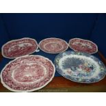 Five miscellaneous meat plates to include Masons, Copeland, a Spode plate a/f.