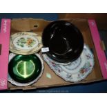 A quantity of china including cabinet plates, meat platter, T & G green bowl in brown, etc.