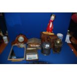 A quantity of miscellanea to include two WWI leather army lamp holders, brass lantern clock,