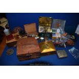 A quantity of miscellanea including boxes, tins and contents including dominoes, compasses, badges,