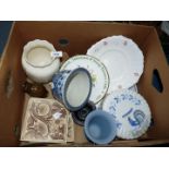 A Quimper cheese plate and cover, four old tiles, Wedgwood jasperware vase, miscellaneous plates,