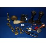 Miscellaneous items to include pewter mug, hunting horn, cork screws, candlesticks and vesta case.