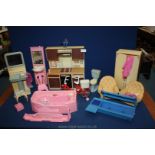 A box of miscellaneous Sindy and Barbie furniture including armchairs, wardrobe, kitchen unit, sink,
