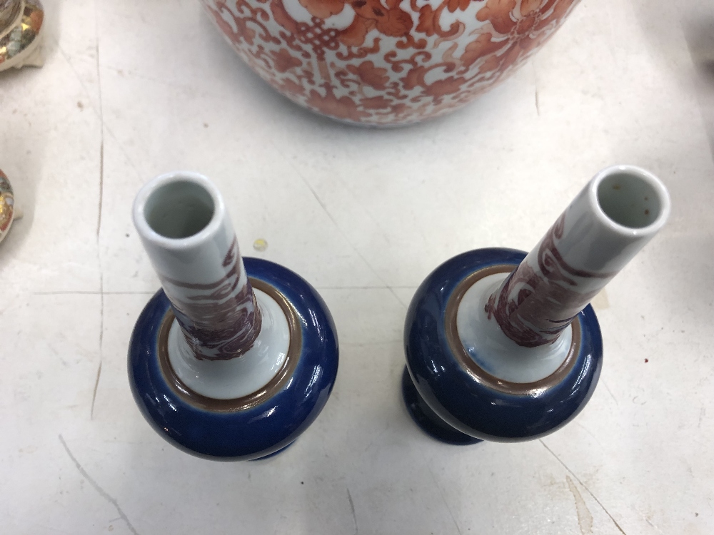A pair of Chinese long neck vases with blue ground body, painted with red dragons, - Image 3 of 10