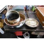 A 19th century copper jam pan and a coal scuttle etc.